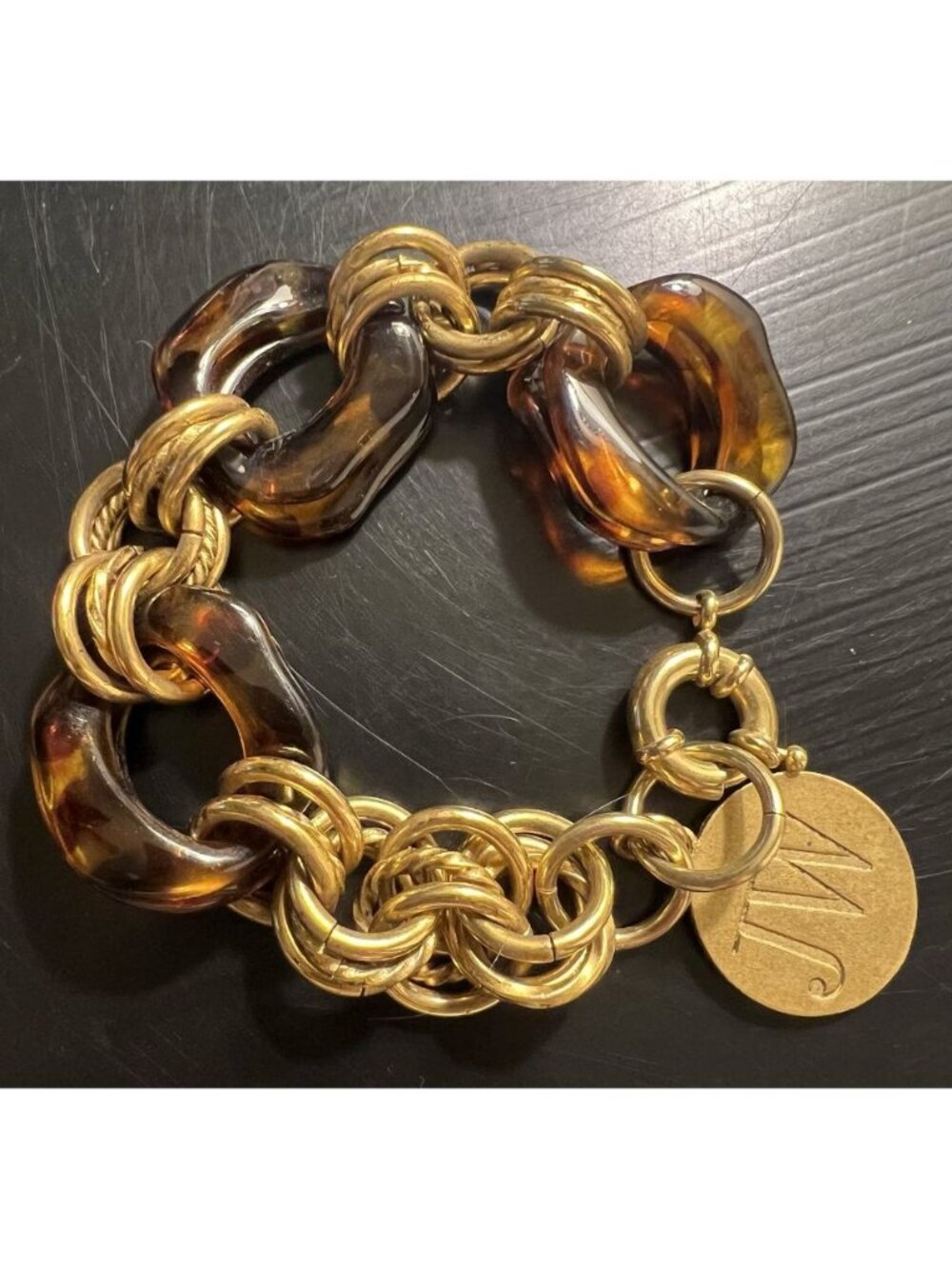 JW Modern Vintage Tortoise Shell Link Bracelet Chunky Gold Tone Chain Toggle